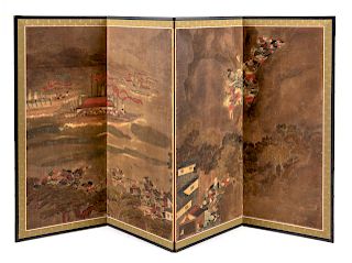 A Chinese Black Lacquered Wood Four-Panel Screen<