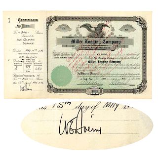 1936 WILLIAM E. BOEING Signed Ext. Rare Miller Logging Company Stock Certificate