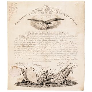 1845 President JOHN TYLER Signed Ornate Vellum Infantry Military Commission 