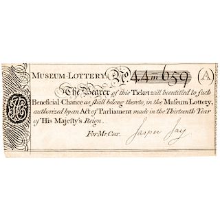 (1773) British Museum LOTTERY Ticket held to Fund the British Museums Expansion