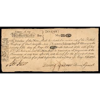Colonial Currency, MA May 25, 1775 PAUL REVERE Copper Plate Indent Note PMG F-12