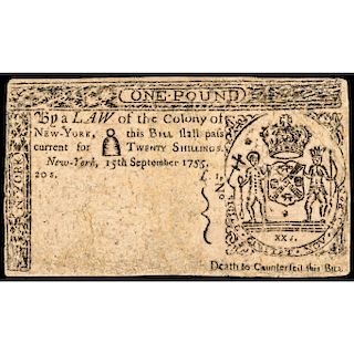 Colonial Currency, New York. September 15, 1755. Twenty Shillings Rarity, Fine