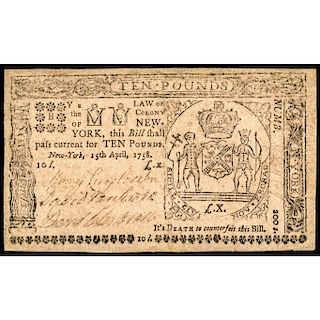 Colonial Currency, New York. April 15, 1758. Ten Pounds PMG Very Fine-30