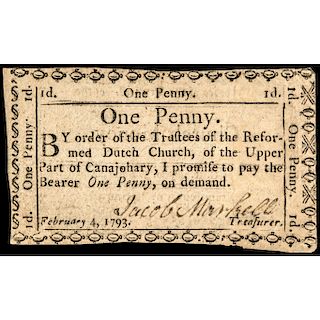 Colonial Currency, NY. 1793 One Penny Reformed Dutch Church of Upper Canajohary