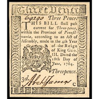 Colonial Currency GEM CU BENJAMIN FRANKLIN Printed Pennsylvania June 1764 Note