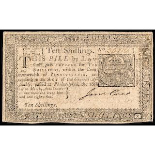 Colonial Currency, Pennsylvania March 16, 1785 Ten Shillings Circulated Note