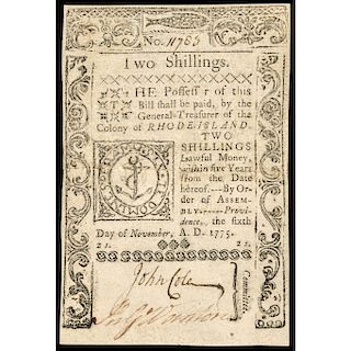 Colonial Currency, Rhode Island November 6, 1775 Two Shillings PCGS VF-30