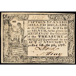 Colonial Currency, Virginia October 5, 1778 Fifteen Dollars Printed on Thin Paper