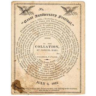 July 4, 1824 Great Anniversary Festival Admission Ticket FANEUIL HALL COLLATION