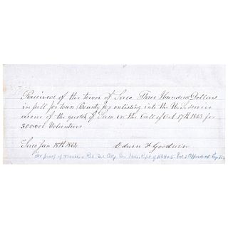 1864 Civil War Receipt for $300 Civil War Union Enlistment Bounty, Saco (ME)