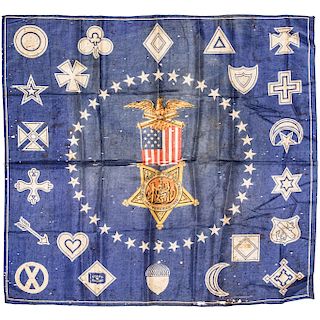 c. 1866 Grand Army of the Republic Commemorative Printed Blue Silk Textile