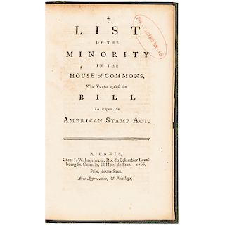 1766 Rare Stamp Act Tax Imprint: A List of Who Voted Against the Bill to Repeal