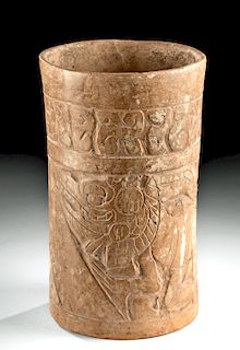 Maya Ceramic Cylinder Vase with Carved Iguanas