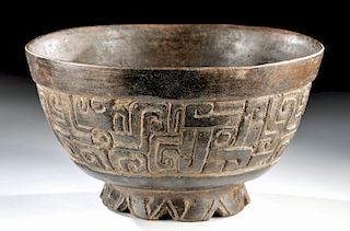 Maya Pottery Bowl w/ Carved Jaguar Heads & Glyphoids