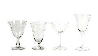 A Partial Set of Etched Glass Stemware, Height of first 7 1/2 inches.