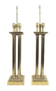 A Pair of Brass Neoclassical Style Table Lamps, Height overall 39 1/2 inches.