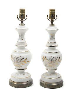 A Pair of Enameled Glass Table Lamps, Height 17 1/8 inches.