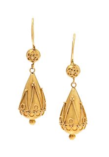 A Pair of Etruscan Revival 15 Karat Yellow Gold Earrings,