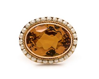 An Antique 10 Karat Yellow Gold, Citrine and Faux Pearl Brooch,