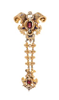 An Early Victorian, Yellow Gold, Garnet, Polychrome Enamel and Seed Pearl Brooch,