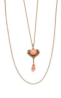 An Art Nouveau 14 Karat Yellow Gold and Coral Pendant Necklace,