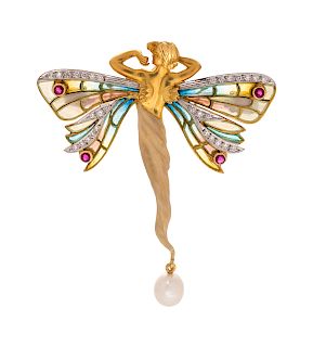 An 18 Karat Yellow Gold, Polychrome Enamel, Ruby and Cultured Pearl 'Nymphs' Pendant/Brooch, Masriera,