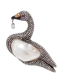 A Silver Topped Yellow Gold, Baroque Pearl, Diamond, Ruby, and Hardstone Swan Brooch,