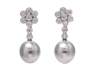 A Pair of White Gold, Cultured Tahitian Pearl and Diamond Earrings,