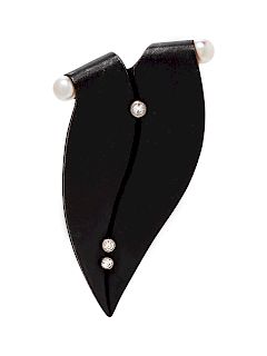 An Art Moderne Blackened Steel, White Gold, Diamond and Cultured Pearl Brooch, Marsh & Co.,