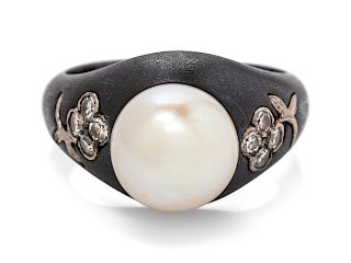 An Art Moderne Blackened Steel, White Gold, Cultured Pearl and Diamond Ring, Marsh & Co.,