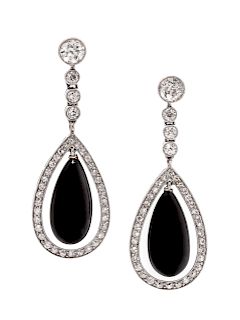 A Pair of Platinum, Diamond and Onyx Pendant Earrings,
