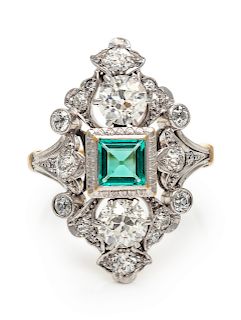 A Platinum Topped Yellow Gold, Emerald and Diamond Ring,