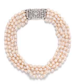 A Platinum, Diamond and Cultured Baroque Pearl Multistrand Necklace,