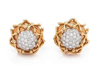 A Pair of 18 Karat Yellow Gold, Platinum and Diamond Earclips, Schlumberger for Tiffany & Co.,