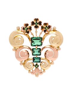 A Retro Bicolored Gold and Green Tourmaline Brooch, Tiffany & Co.,