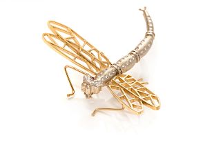 A Bicolor Gold, Diamond and Ruby Dragonfly Brooch,