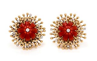 A Pair of 18 Karat Yellow Gold, Coral and Diamond Earclips, Tiffany & Co., Italy,