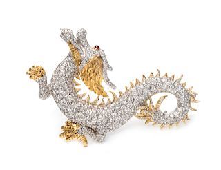 An 18 Karat Bicolor Gold, Diamond and Ruby Dragon Brooch,