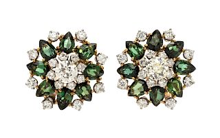 A Pair of 14 Karat Bicolor Gold, Diamond and Glass Earclips,