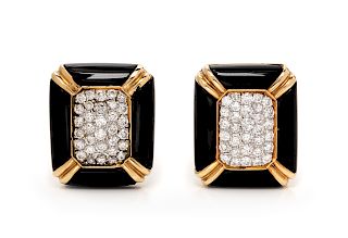 A Pair of 18 Karat Yellow Gold, Diamond and Onyx Earclips,