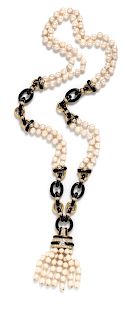 An 18 Karat Yellow Gold, Cultured Pearl, Onyx and Diamond Sautoir Necklace,