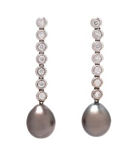 A Pair of 18 Karat White Gold, Diamond and Cultured Tahitian Pearl Earrings,