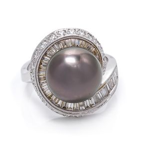 An 18 Karat White Gold, Cultured Tahitian Pearl and Diamond Ring,
