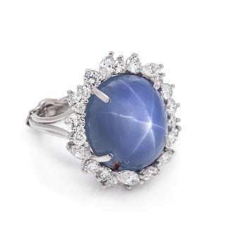 A Platinum, Star Sapphire and Diamond Ring,