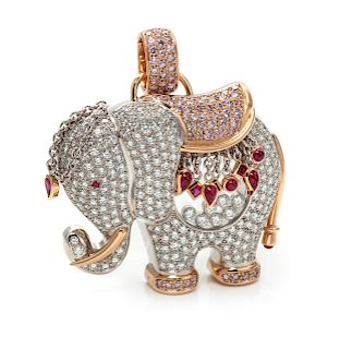 An 18 Karat Bicolor Gold, Diamond, Colored Diamond and Ruby 'Happy Elephant' Pendant, Chopard,
