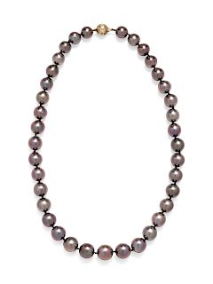 A 14 Karat Yellow Gold, Diamond and Cultured Tahitian Pearl Necklace,