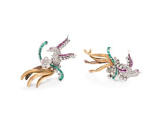 A Pair of Platinum, Yellow Gold, Diamond, Ruby and Emerald Bird Brooches,