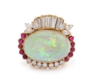 A Yellow Gold, Opal, Diamond and Ruby Ring,