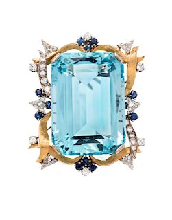 A 14 Karat Bicolor Gold Diamond, Aquamarine, and Sapphire Brooch,