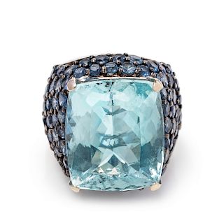 An 18 Karat White Gold, Aquamarine and Sapphire Ring,